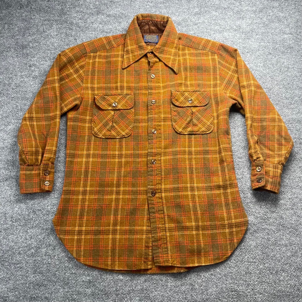 Vintage Pendleton Wool Flannel Shirt Orange Brown Plaid Button Down Medium USA
